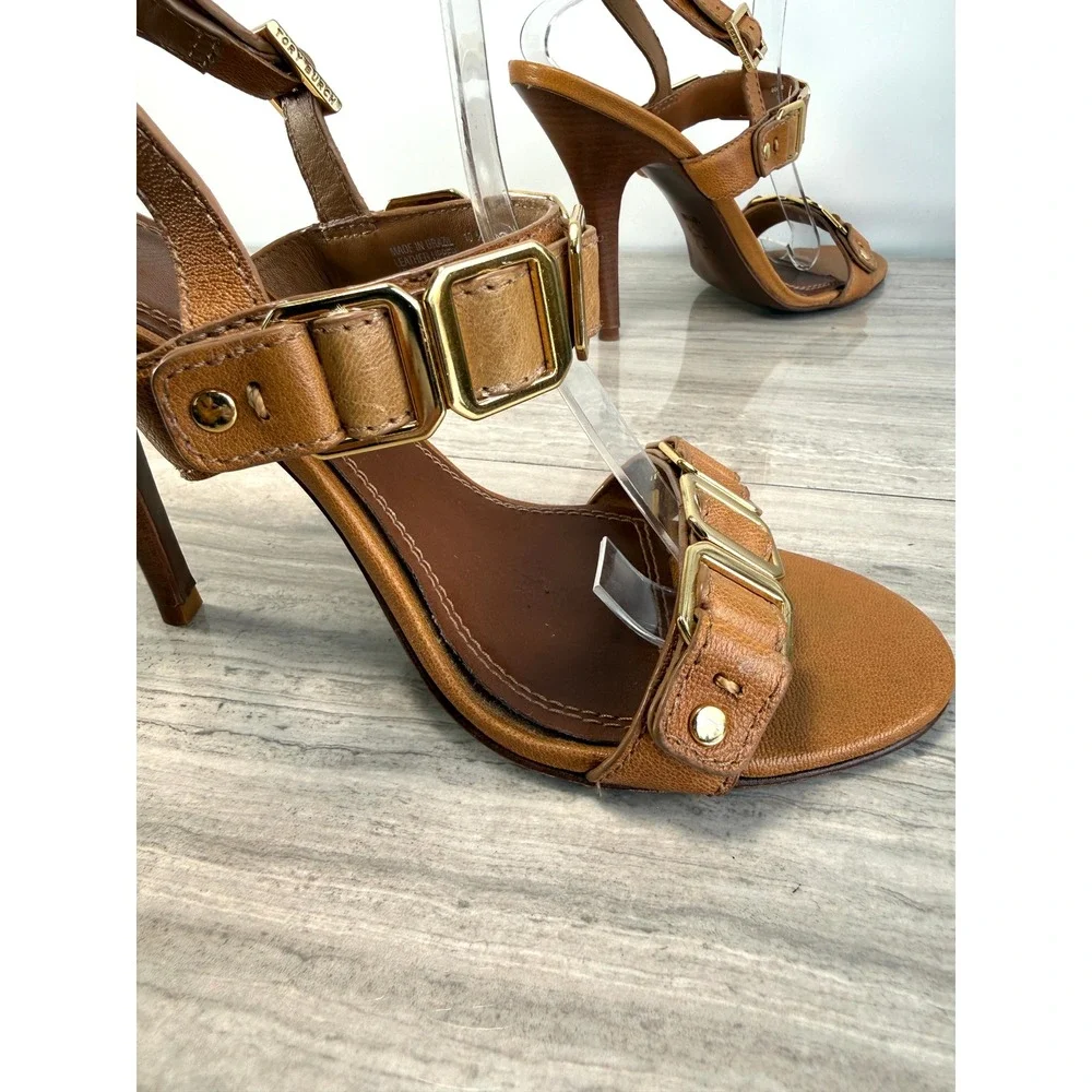 Tory Burch Heeled Sandals Gladiator Strappy Buckle Tan Leather Luxe Glam 10.5